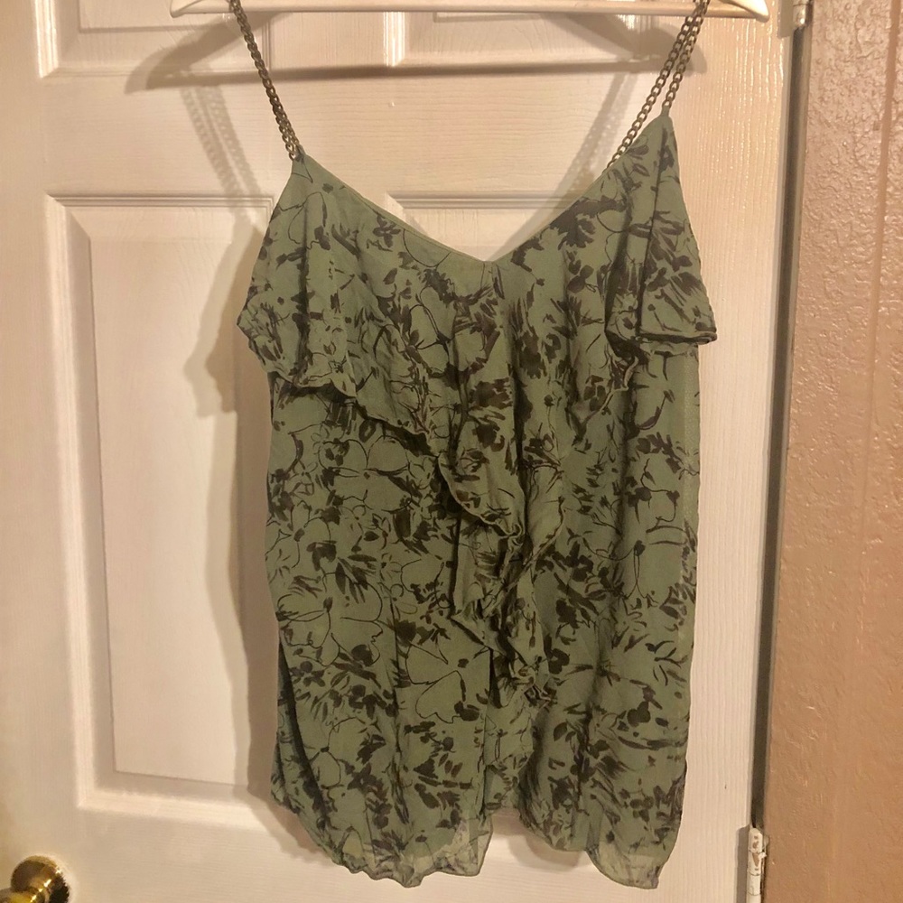 (3/$23) Vintage Express Green Floral and Ruffled Top